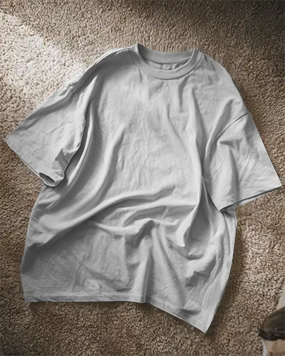 Flat Lay White Boxy Tshirt Mockup On Carpeted Floor Soft Shadows Natural Lighting Your Design Here Template