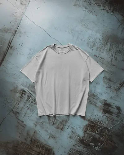 Boxy White Tshirt Mockup Flat Lay On Distressed Blue Concrete Floor Urban Styled Design Template For Print On Demand