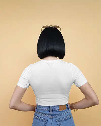 Back View White Tshirt Mockup Female Model With Bob Haircut Peach Background High Waisted Jeans Style