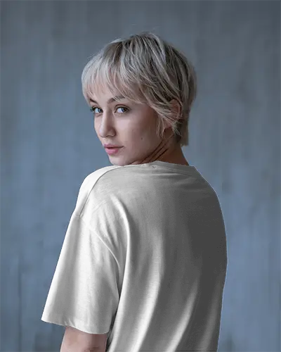 White Back Print Tshirt Mockup Short Blonde Hair Female Model Turning Head Soft Blue Background Studio Light