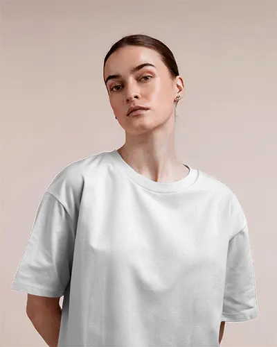 Blank White Tee Shirt Template Woman With Neutral Expression Minimal Aesthetic Modern Ecommerce Mockup