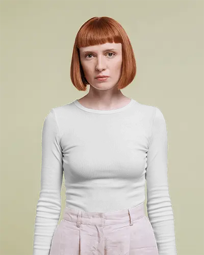 Front View Long Sleeve Tshirt Mockup Female Model Red Bob Haircut Soft Light Green Background Template