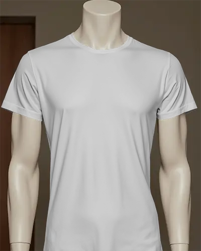 Front View Tshirt Mockup On Male Mannequin Classic Fit Soft Indoor Lighting Neutral Background