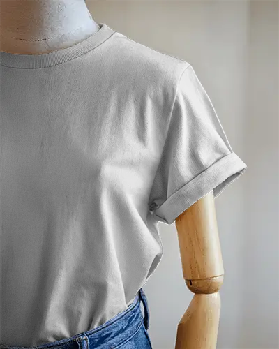 Closeup Tshirt Template On Mannequin Rolled Sleeves High Detail Texture And Stitching Soft Daylight
