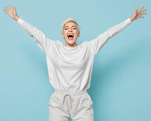 Energetic Female Tshirt Mockup Front View Model Arms Raised On Blue Background