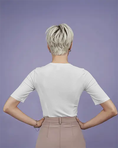 Back View Tshirt Mockup Short Blonde Hair Model Hands On Hips Purple Background