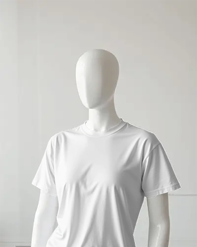 Front View Tshirt Mockup On White Female Mannequin In Clean Minimal Studio