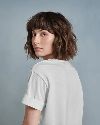 Back View Tshirt Mockup Female Model Turning Head Soft Blue Studio Background