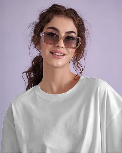 Front View Tshirt Mockup Smiling Female Model With Sunglasses On Purple Backdrop