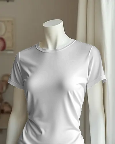 Female Slim Fit Tee Mockup On White Mannequin With Curtained Background