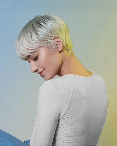 Back View Long Sleeve Tshirt Mockup Female Model With Short Platinum Hair Gradient Background