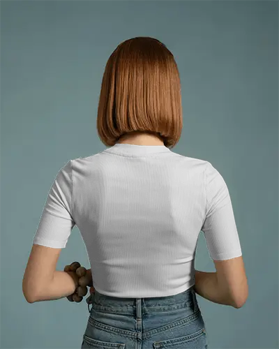 Short Sleeve Fitted Tee Mockup On Woman Showing Back Print In Minimal Style