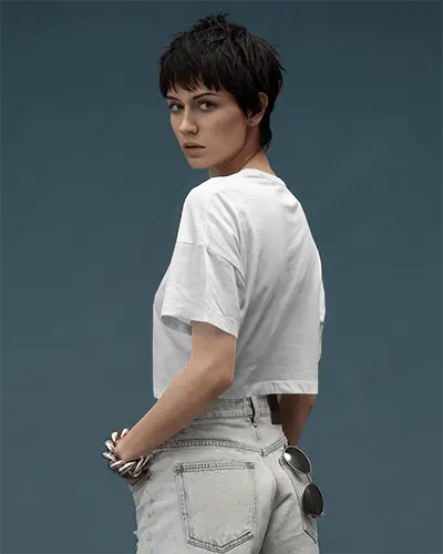 Side Back View Tshirt Mockup Female Model In White Tee And Light Denim