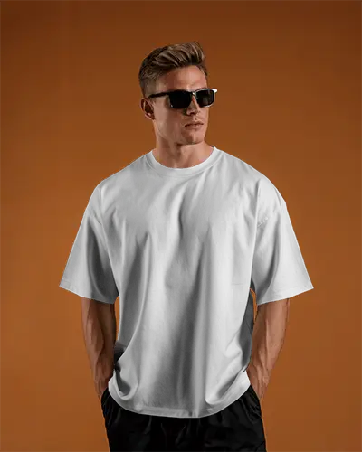 Front View Tshirt Mockup Male Model In Sunglasses Against Orange Background