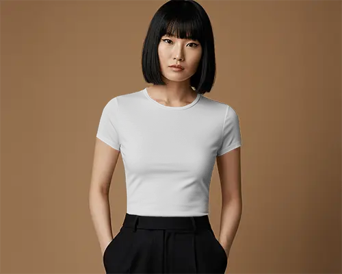 Front View Fitted Tshirt Mockup On Asian Female Model In Brown Studio Setting