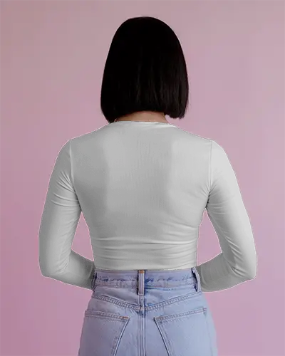 Back View Women Long Sleeve Tshirt Mockup With High Waist Denim And Pink Wall