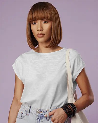 Lavender Background Tshirt Mockup Female Model In White Tee And Tote Bag