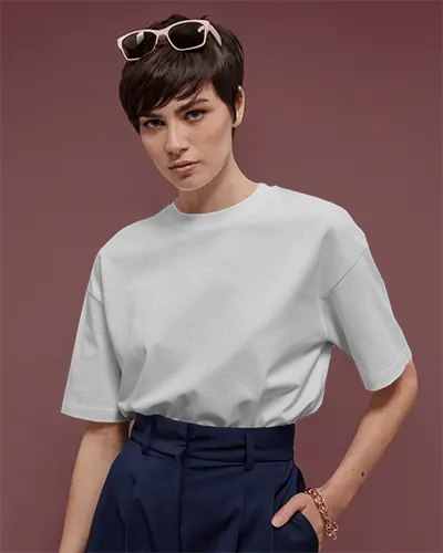 Elegant Studio Tshirt Mockup Female Model In White Tee And High Waist Trousers