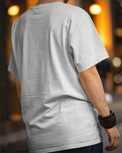 Back View Tshirt Mockup Male Model In White Tee With City Lights Background
