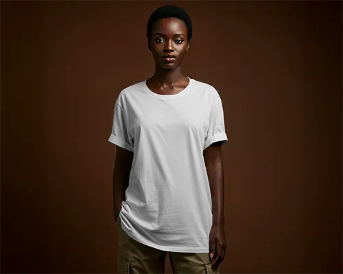 Studio Tshirt Mockup Female Model In White Tee Against Brown Backdrop