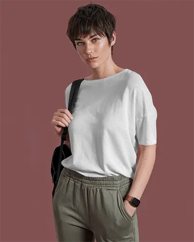 Blank White Tshirt Mockup Female Model With Backpack On Mauve Background