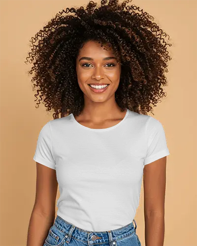 Smiling Female Tshirt Mockup Front View White Tee On Woman With Curly Hair And Beige Backdrop