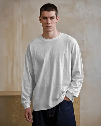 Studio Long Sleeve Tshirt Mockup Male Model Wearing White Tee With Hands In Pocket