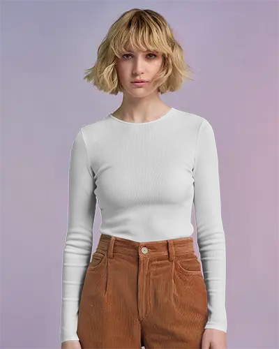 Ribbed White Long Sleeve Tshirt Mockup Woman In Brown Corduroy Pants On Gradient Background