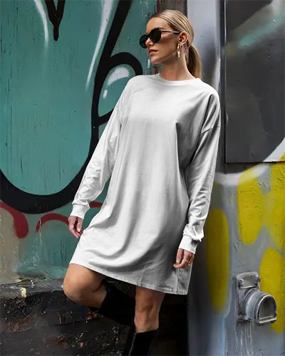 Urban Graffiti Tshirt Dress Mockup Female Model Wearing Long White Tee With Sunglasses