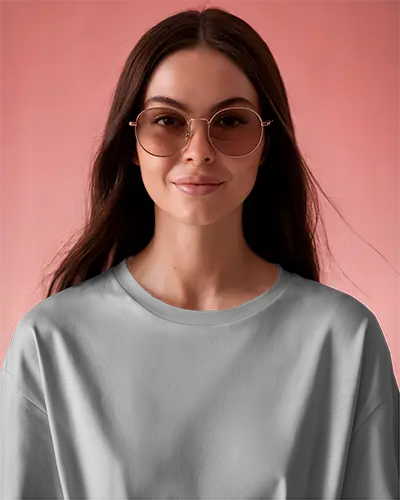 Close Up Tshirt Mockup Female Model Wearing Sunglasses Soft Pink Background Minimal Design On Grey Fabric Bold And Modern Look