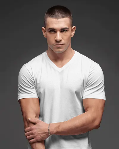 Studio T Shirt Mockup Male Model In White V Neck Tee Against Dark Background Minimal And Confident Look