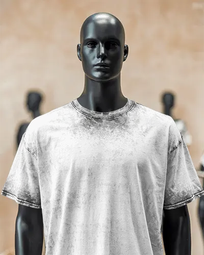 Front Facing Male Mannequin T Shirt Mockup In Modern Retail Store Setting With Blurred Background And High Contrast Lighting