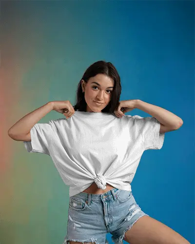 Playful Tshirt Mockup With Young Female Model In Denim Shorts Posing Against Colorful Gradient Background