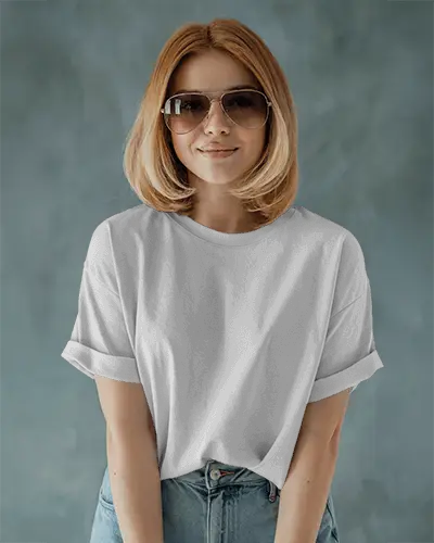 Stylish Female Tshirt Mockup With Sunglasses And Rolled Sleeves Against Soft Blue Textured Backgroun