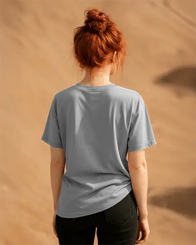 Back Profile Tshirt Mockup Female Model In Sunglasses On Sandy Beige Background Back Print Visible Natural Sunlit Style