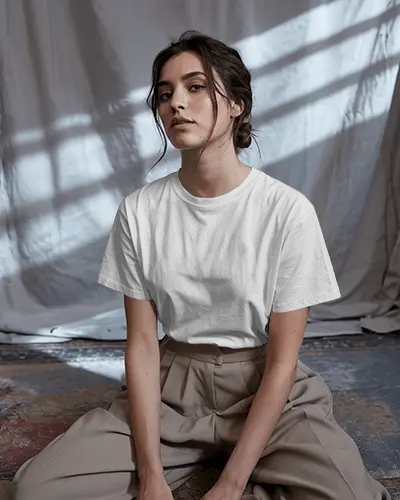Artistic Studio Tshirt Mockup With Woman In Soft Lighting And Neutral Outfit Against Textured Drapes