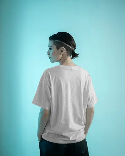 Neon Glow T Shirt Mockup Modern Model With Undercut Back View Facing Away In Blue Studio Light