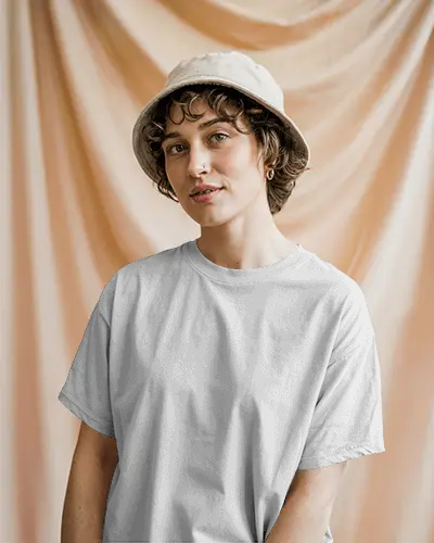 Soft Drape Backdrop T Shirt Mockup Female Model In Bucket Hat