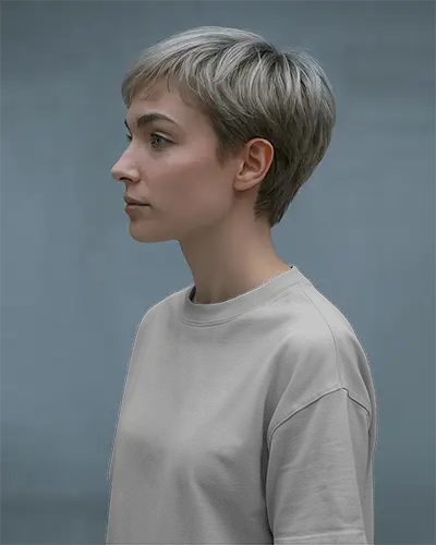 Elegant Blank T Shirt Mockup Female Model Short Hair Soft Expressive Look Profile Shot