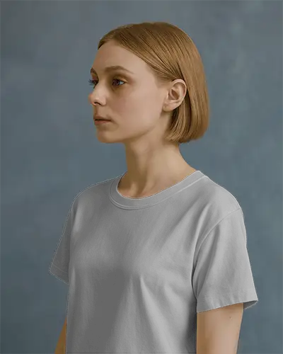 Soft Lighting Side Angle Tshirt Mockup Model With Blunt Bob Hairstyle In Grey Shirt