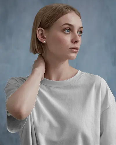 Relaxed Pose Tshirt Mockup Female Model Touching Neck In Light Grey Half Sleeve Tee