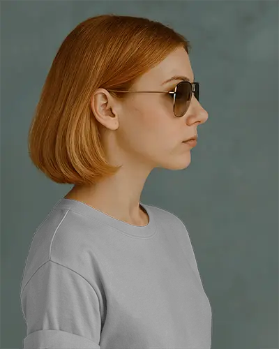 Studio Side Profile T Shirt Mockup Woman With Straight Ginger Bob And Sunglasses Minimal Gray Background