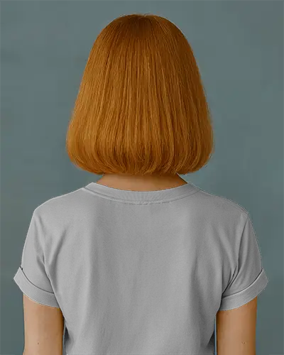 Casual Back Mockup Tshirt On Woman In Gray With Neat Straight Hair Neutral Wall Background