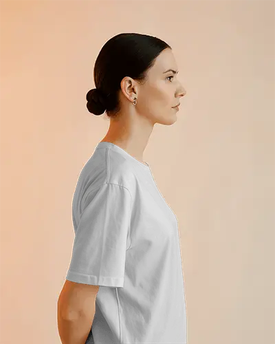 Branding Ready Sleeve Tshirt Mockup Minimal Look Woman In Gray Tee Side Angle View