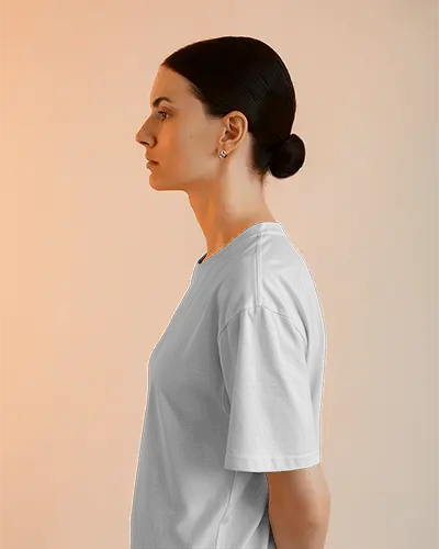 Minimalist Fashion Mockup Female Side Profile Gray Tshirt And Soft Orange Peach Background