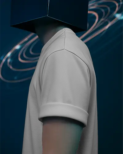 Premium Closeup Arm Mockup Gray Tshirt Under Futuristic Blue Light And Streaks Background