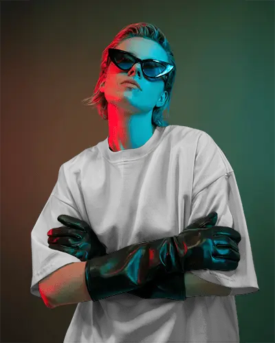 Edgy Editorial T Shirt Mockup Model In Tee And Gloves With Dual Color Studio Lighting