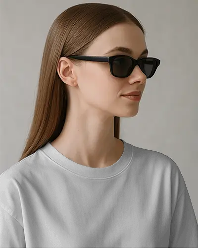 Studio Profile Tshirt Mockup Female Model In Black Sunglasses Sleek Hair Minimal Background