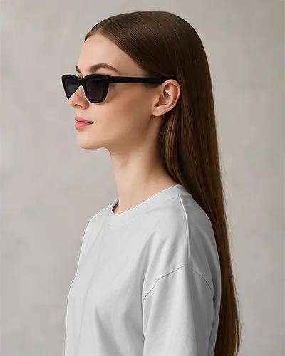 Sharp Side Profile Tshirt Mockup Female Model In Black Sunglasses Clean Studio Lighting