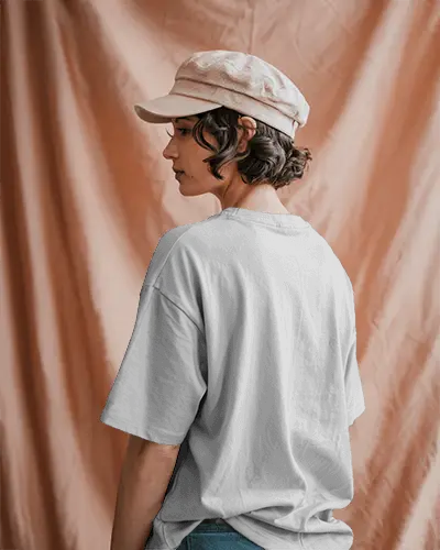 Back View T Shirt Mockup Minimal Female Model Wearing Loose Tshirt Casual Vibe In Neutral Tones